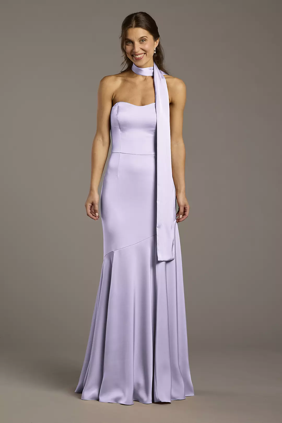 Matte Satin Strapless Sweetheart Dress with Scarf Dress - XNAUWBI