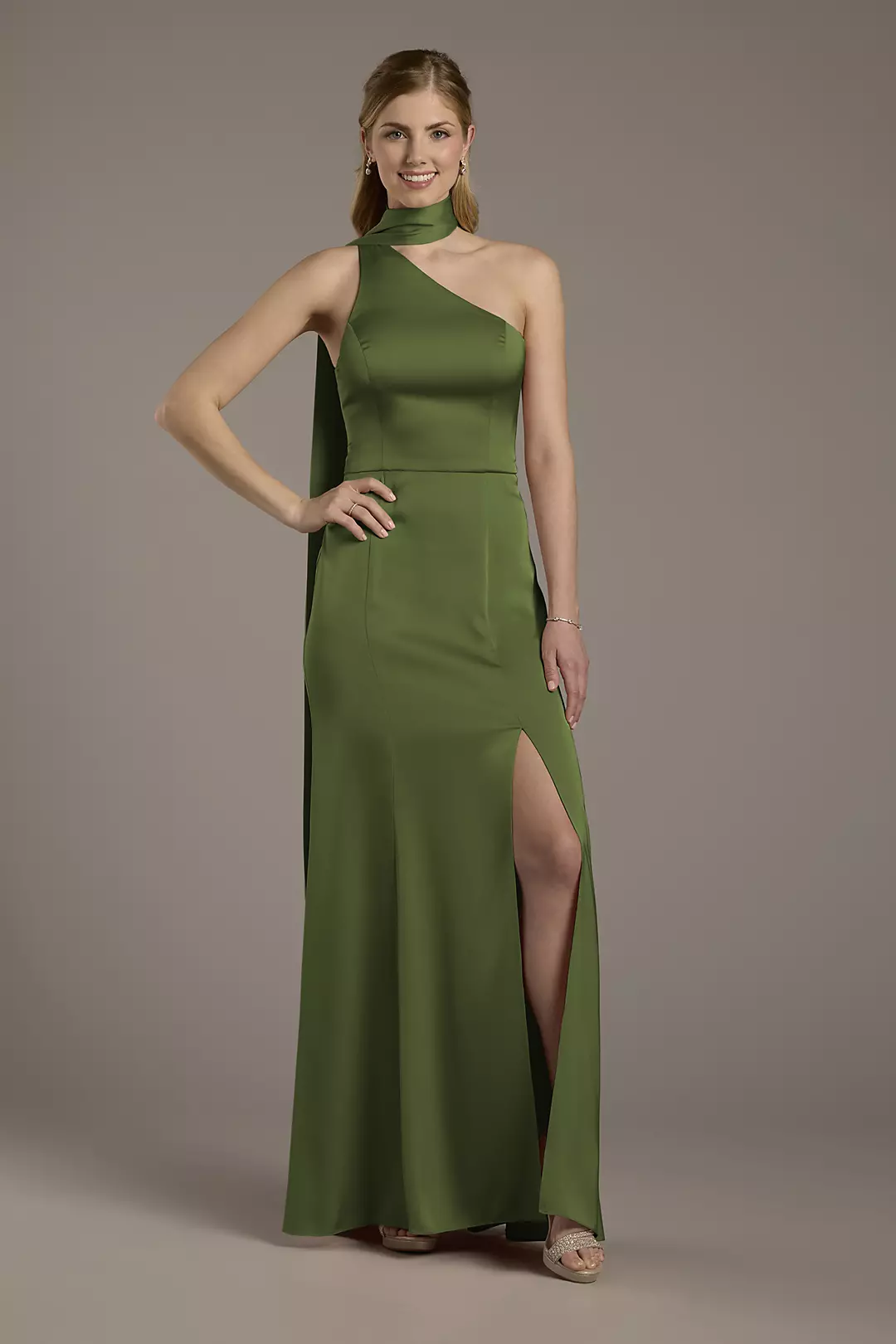 Matte Satin One-Shoulder A-Line Dress with Scarf Dress - XNAUWBI