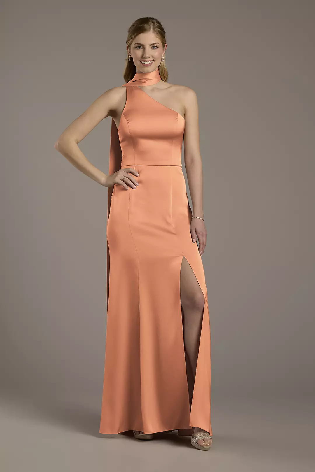 Matte Satin One-Shoulder A-Line Dress with Scarf Dress - XNAUWBI
