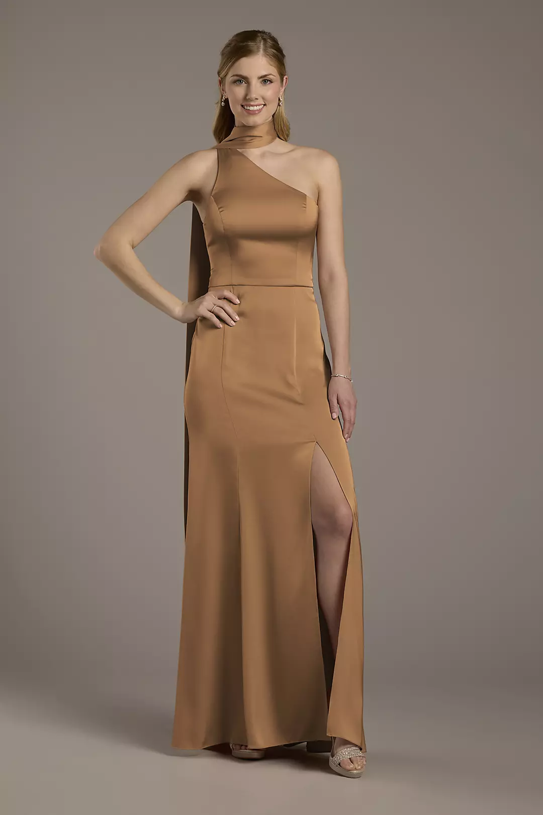 Matte Satin One-Shoulder A-Line Dress with Scarf Dress - XNAUWBI