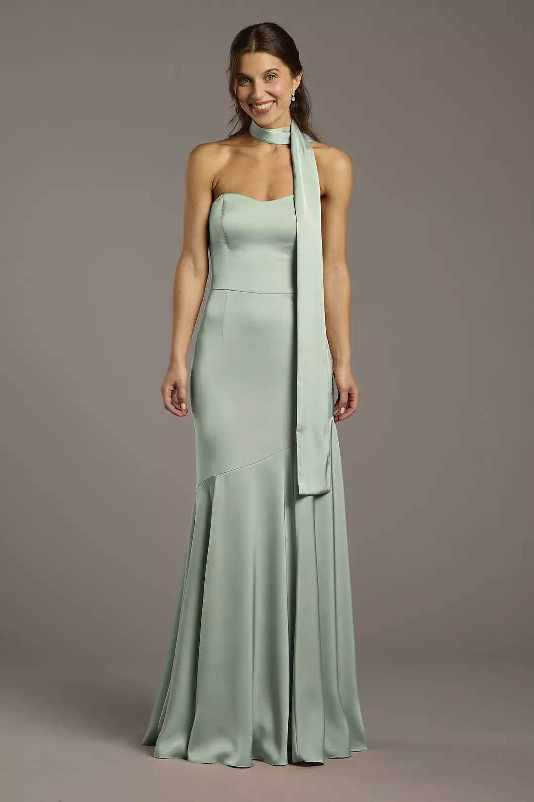 Matte Satin Strapless Sweetheart Dress with Scarf Dress - XNAUWBI