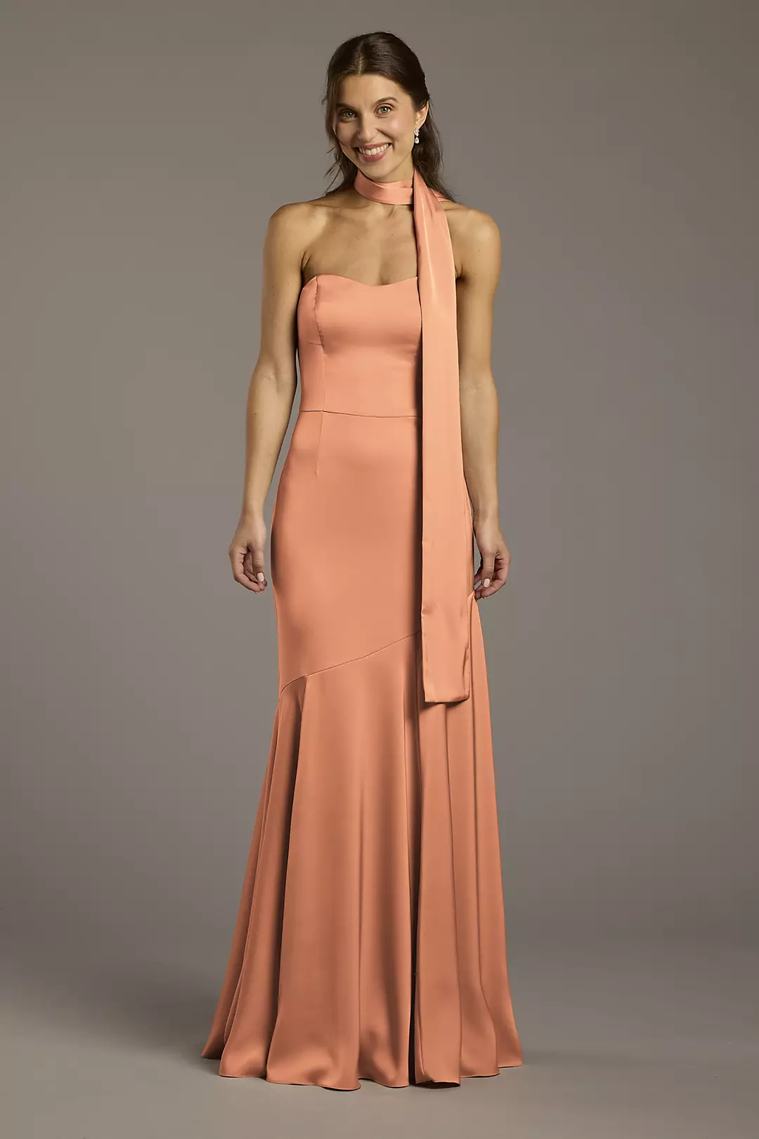 Matte Satin Strapless Sweetheart Dress with Scarf Dress - XNAUWBI