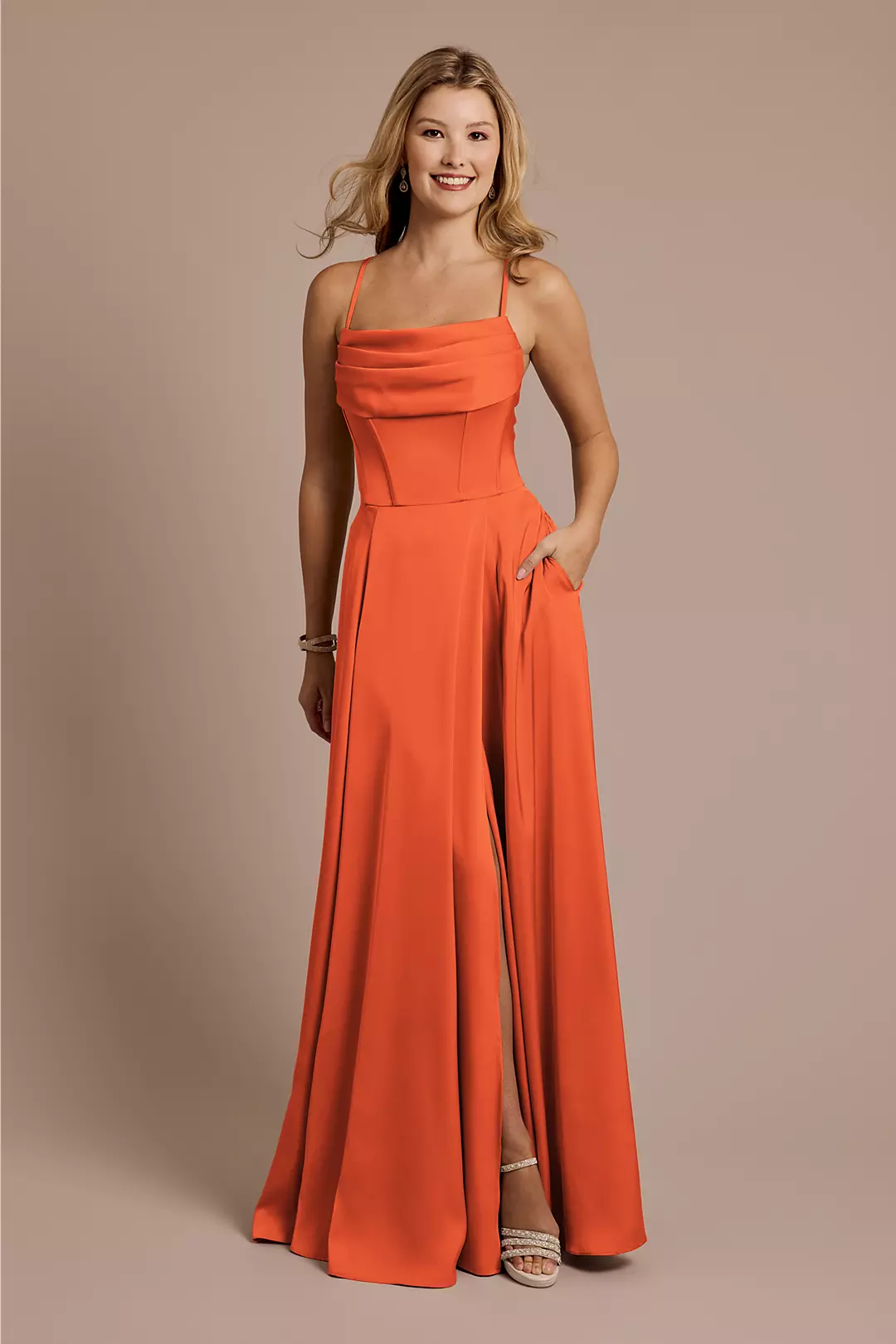 Matte Satin Cowl Neck Spaghetti Strap A-Line Dresses - XNAUWBI