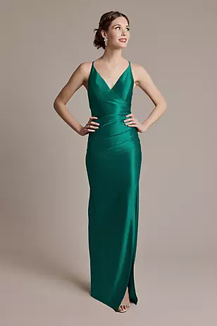 Sculpting Shiny Satin V-Neck Cross-Back Dresses - XNAUWBI