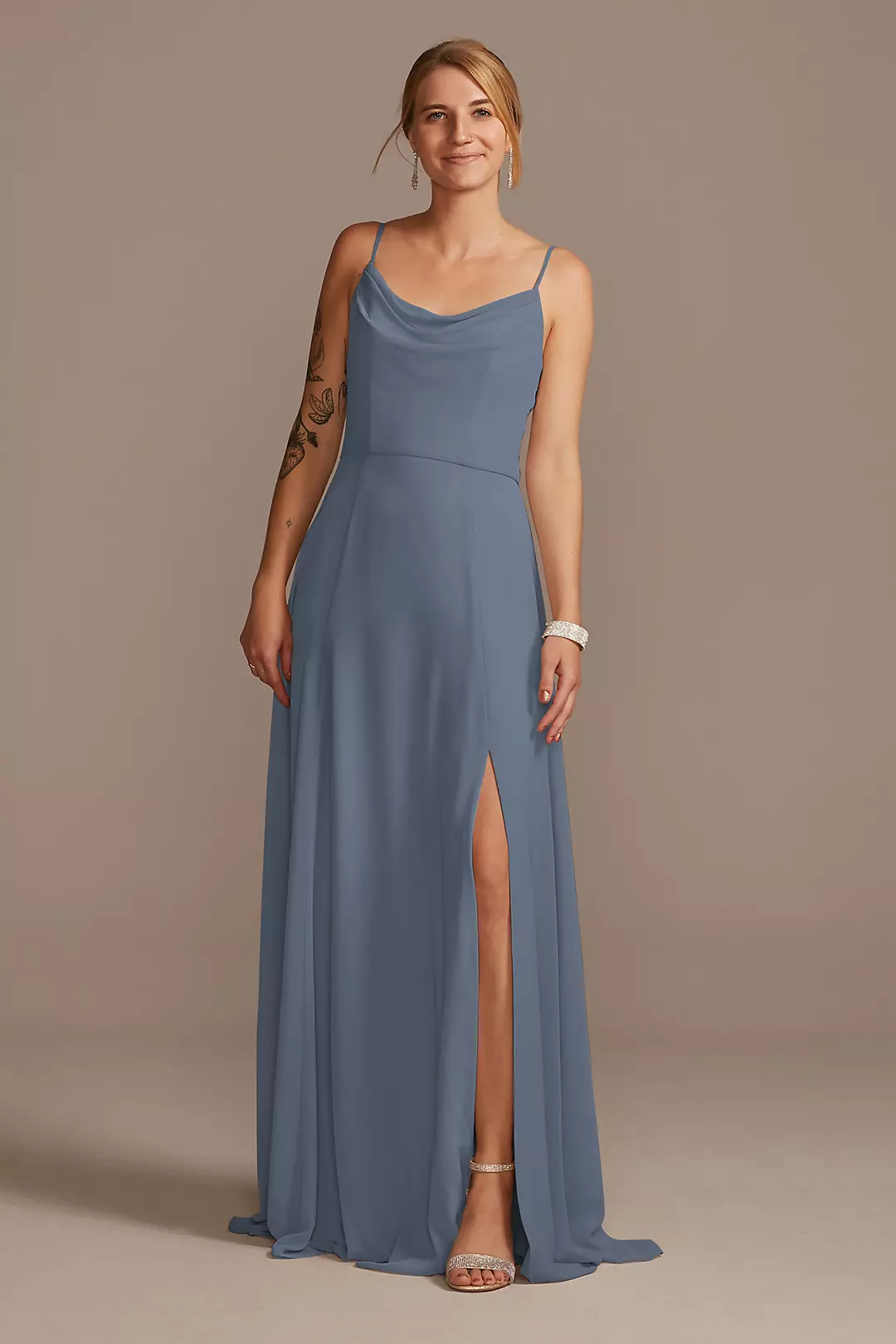 Cowl Neck Chiffon Dress with Slit Dress - XNAUWBI