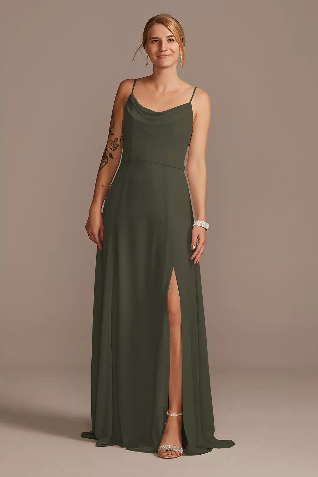Cowl Neck Chiffon Dress with Slit Dress - XNAUWBI
