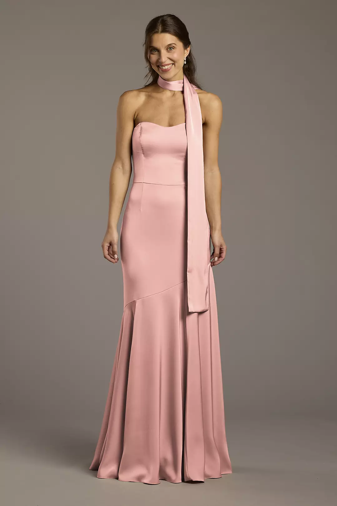 Matte Satin Strapless Sweetheart Dress with Scarf Dress - XNAUWBI