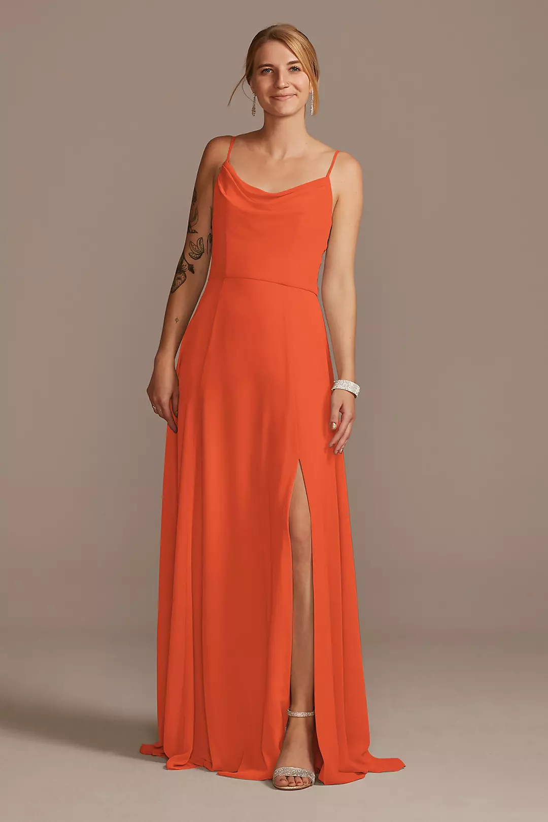 Cowl Neck Chiffon Dress with Slit Dress - XNAUWBI