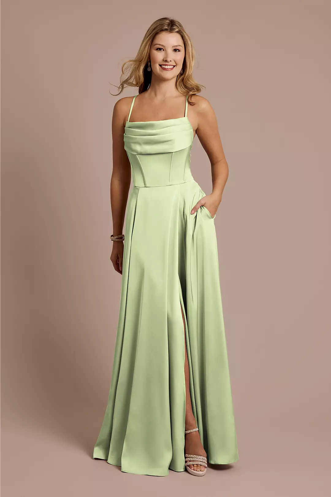 Matte Satin Cowl Neck Spaghetti Strap A-Line Dresses - XNAUWBI