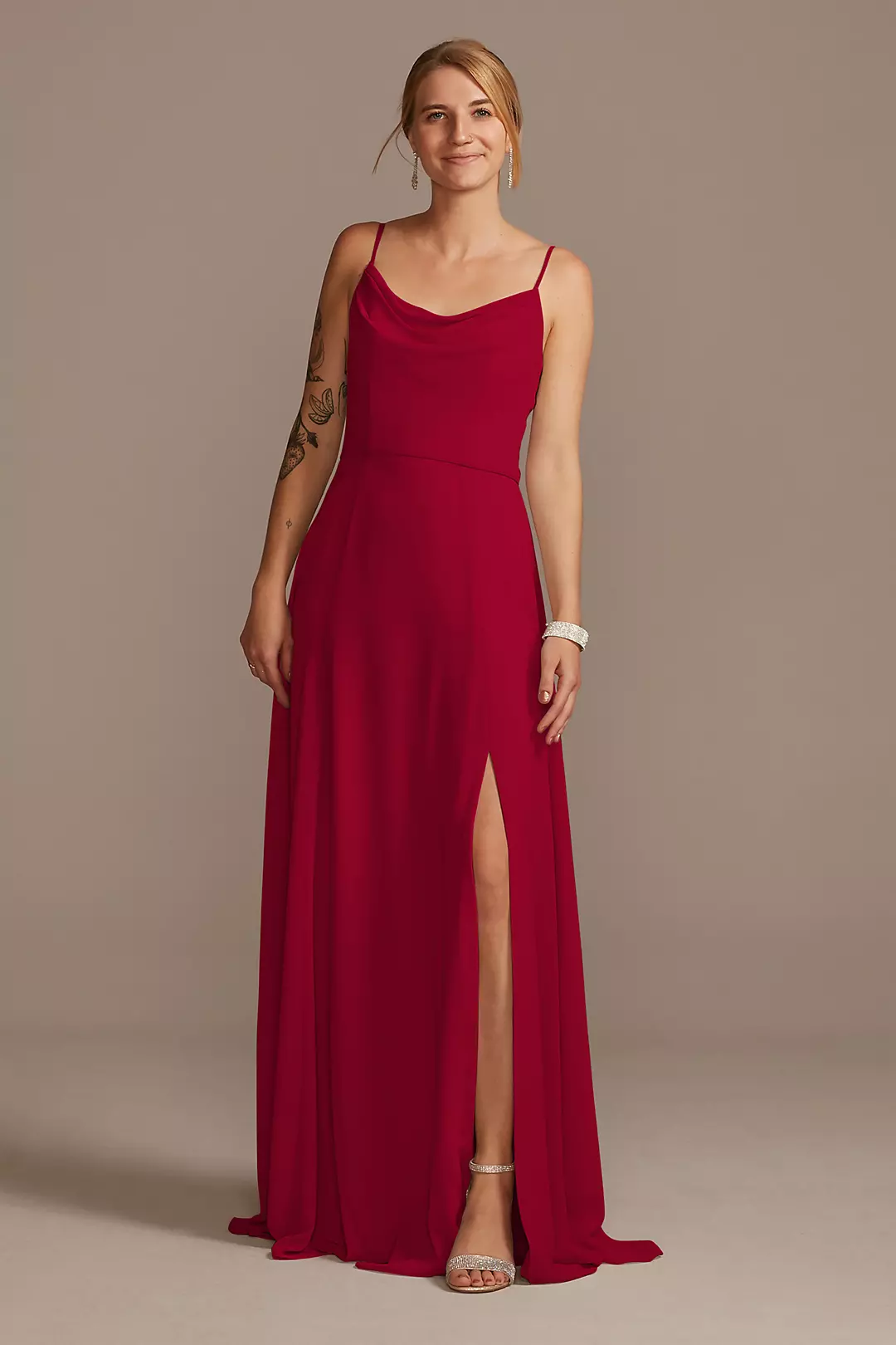 Cowl Neck Chiffon Dress with Slit Dress - XNAUWBI