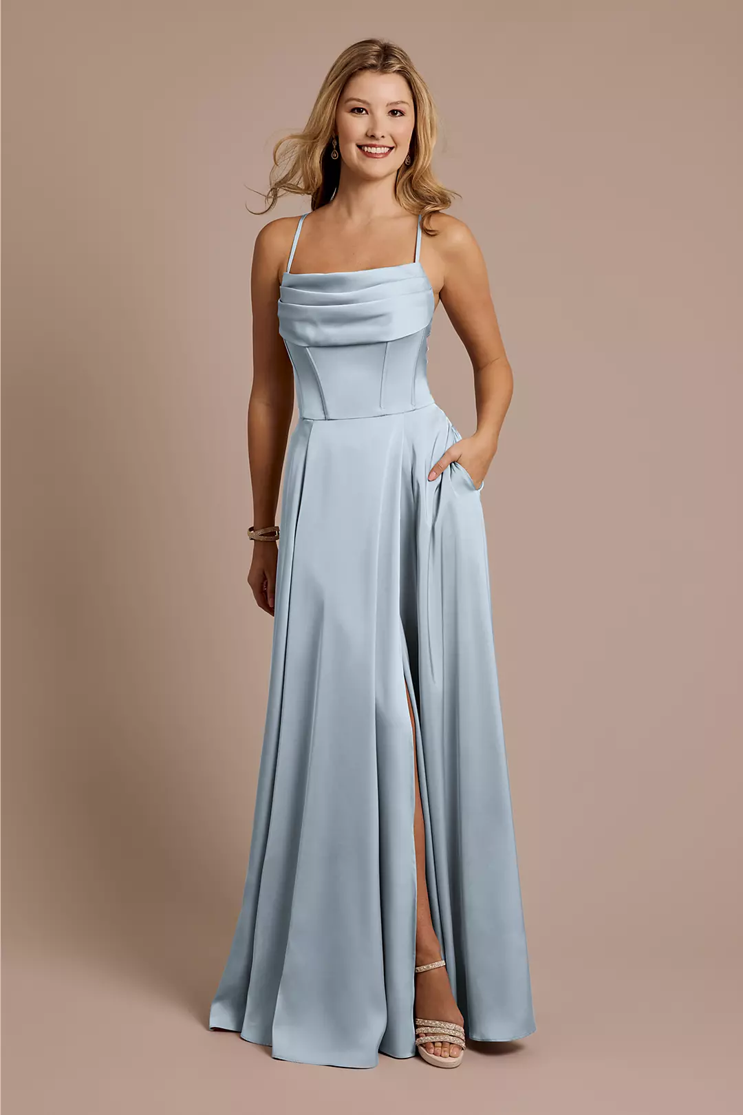 Matte Satin Cowl Neck Spaghetti Strap A-Line Dresses - XNAUWBI