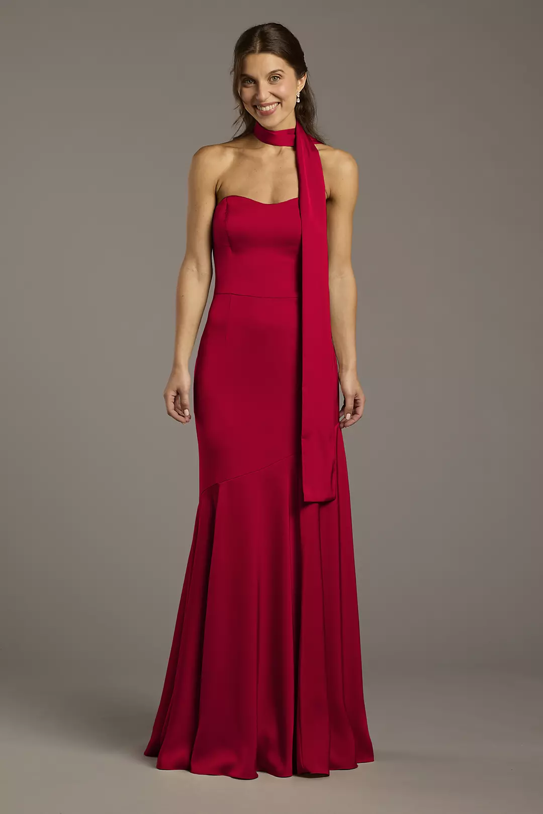 Matte Satin Strapless Sweetheart Dress with Scarf Dress - XNAUWBI