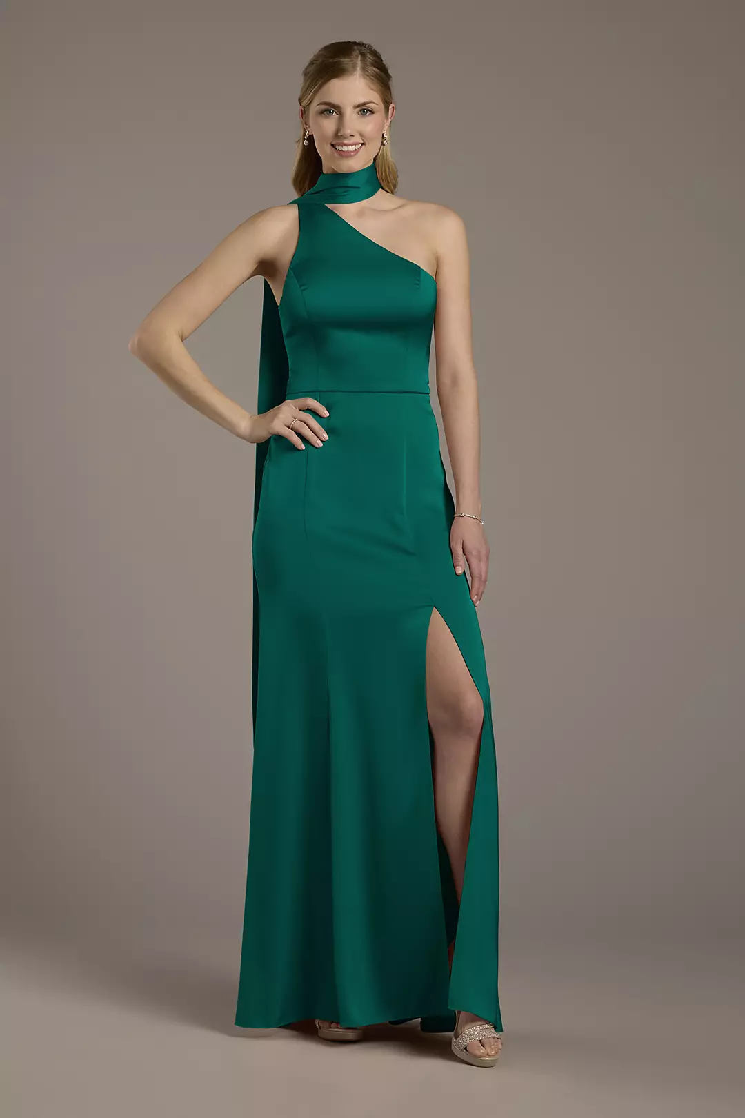 Matte Satin One-Shoulder A-Line Dress with Scarf Dress - XNAUWBI