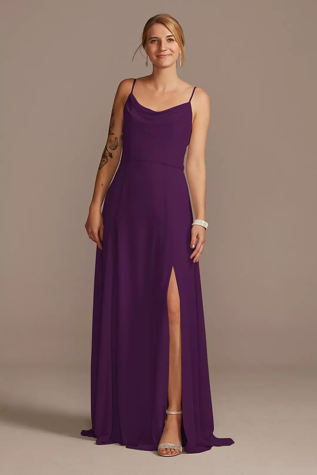 Cowl Neck Chiffon Dress with Slit Dress - XNAUWBI
