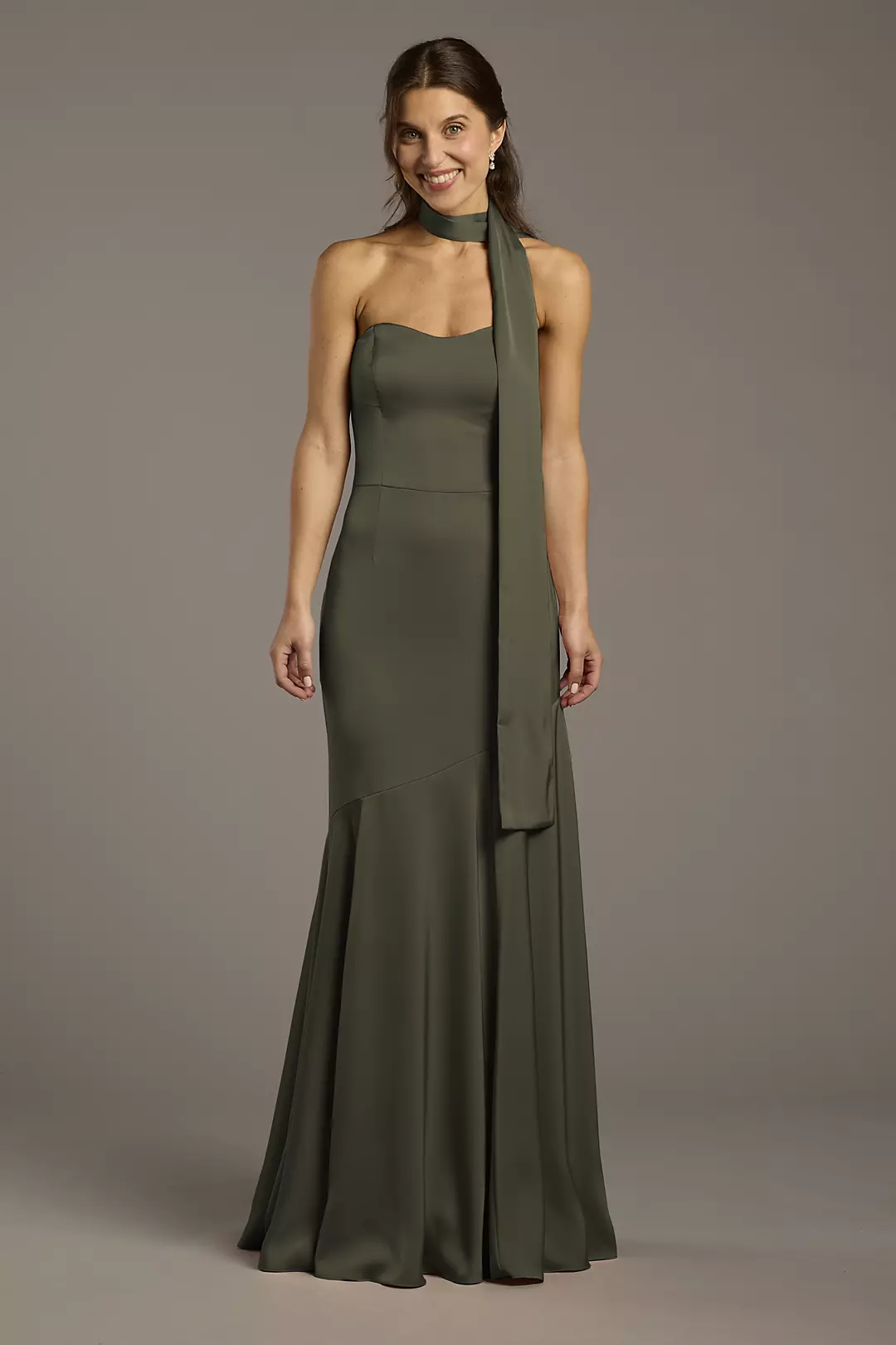 Matte Satin Strapless Sweetheart Dress with Scarf Dress - XNAUWBI