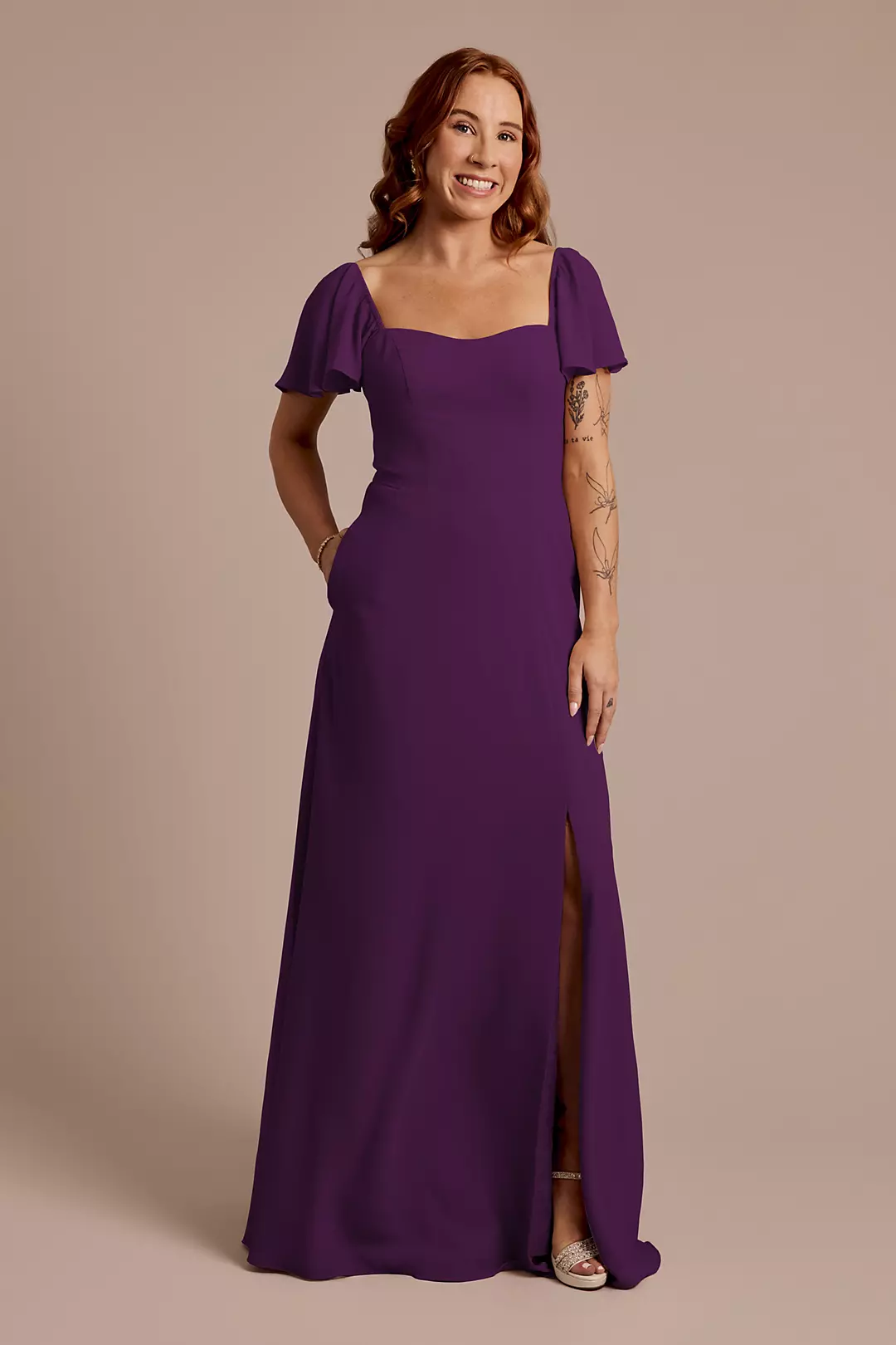 Chiffon Flutter Sleeve Dress with Basque Waist Dress - XNAUWBI