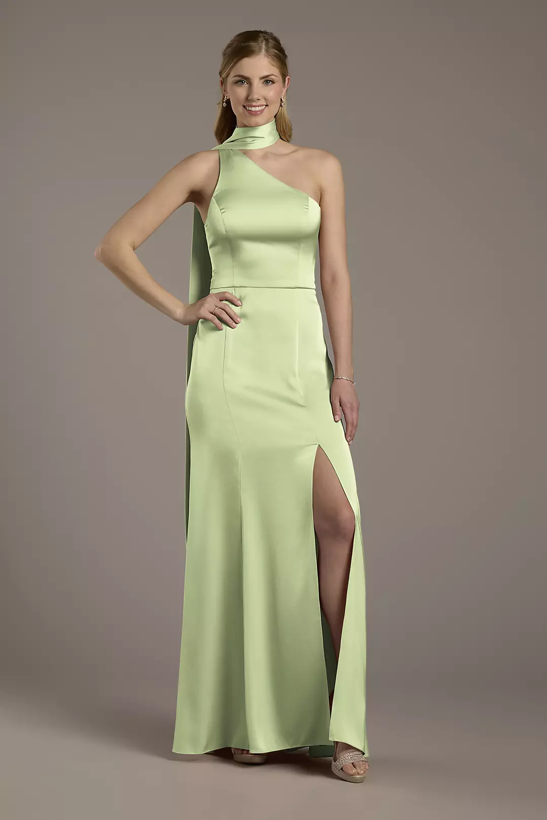 Matte Satin One-Shoulder A-Line Dress with Scarf Dress - XNAUWBI