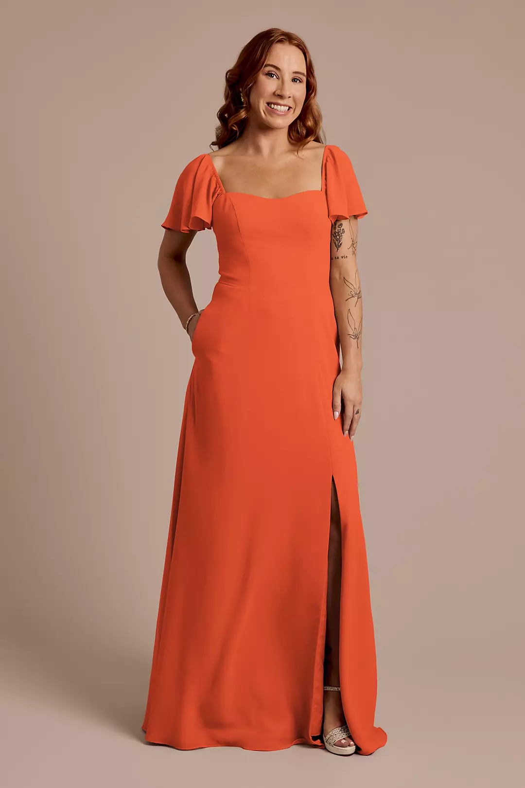 Chiffon Flutter Sleeve Dress with Basque Waist Dress - XNAUWBI