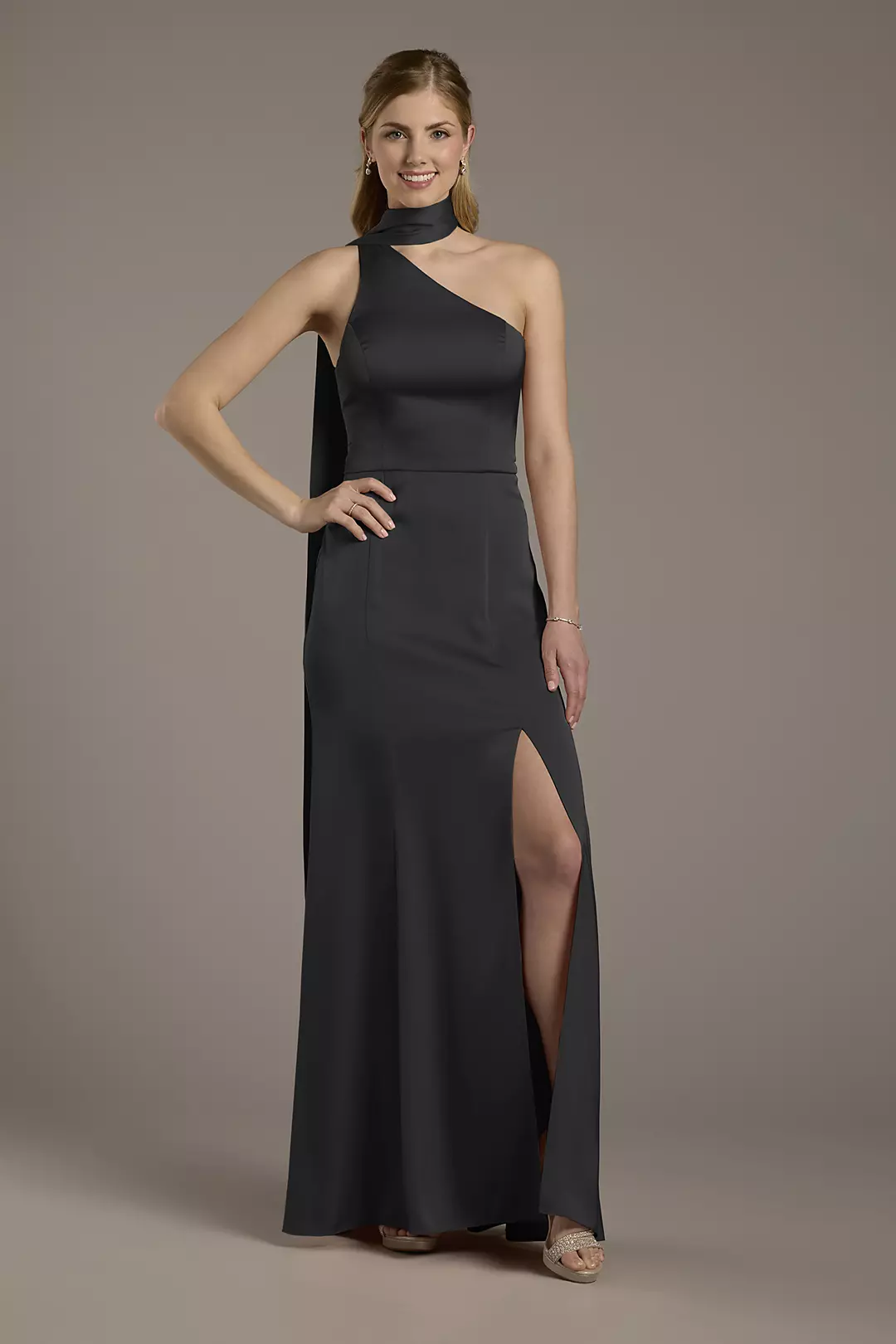 Matte Satin One-Shoulder A-Line Dress with Scarf Dress - XNAUWBI