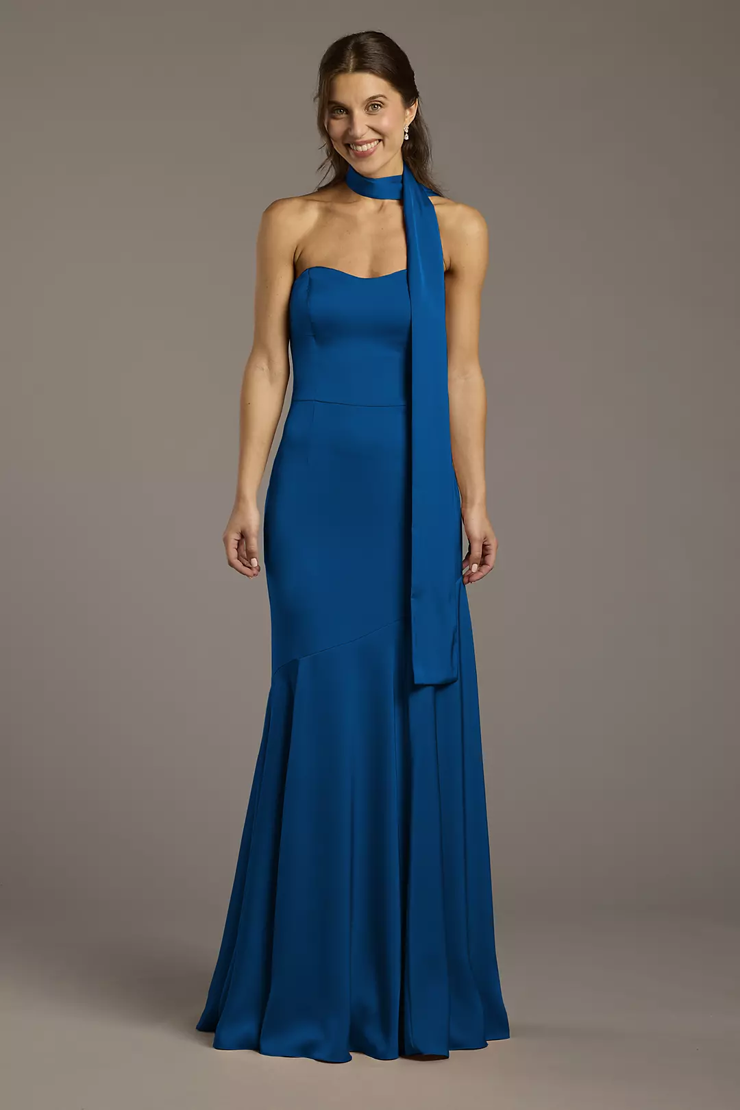 Matte Satin Strapless Sweetheart Dress with Scarf Dress - XNAUWBI