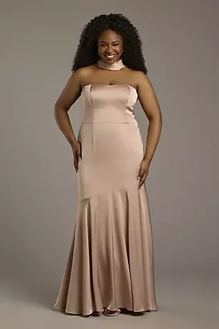 Matte Satin Strapless Sweetheart Dress with Scarf Dress - XNAUWBI