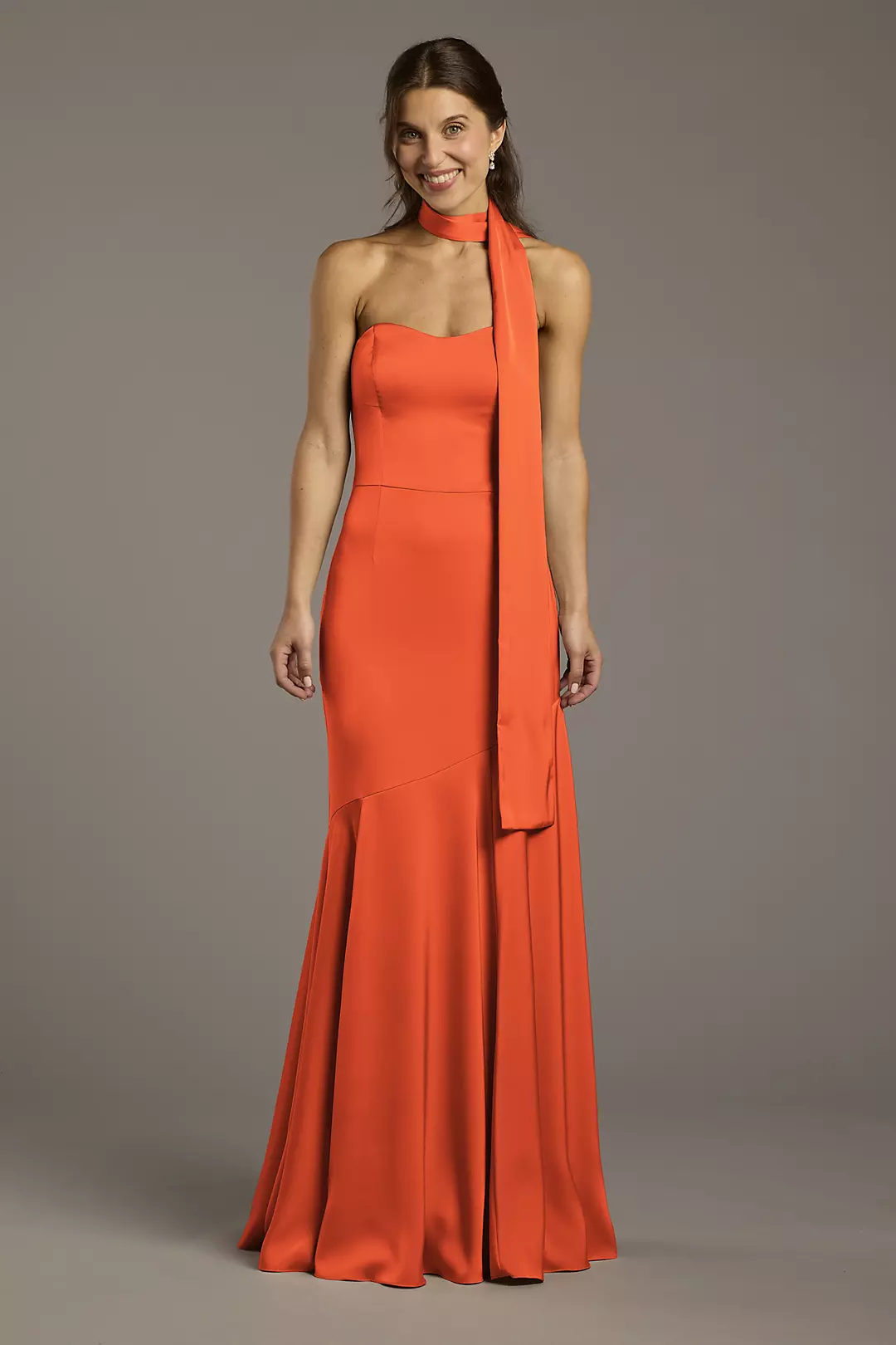 Matte Satin Strapless Sweetheart Dress with Scarf Dress - XNAUWBI