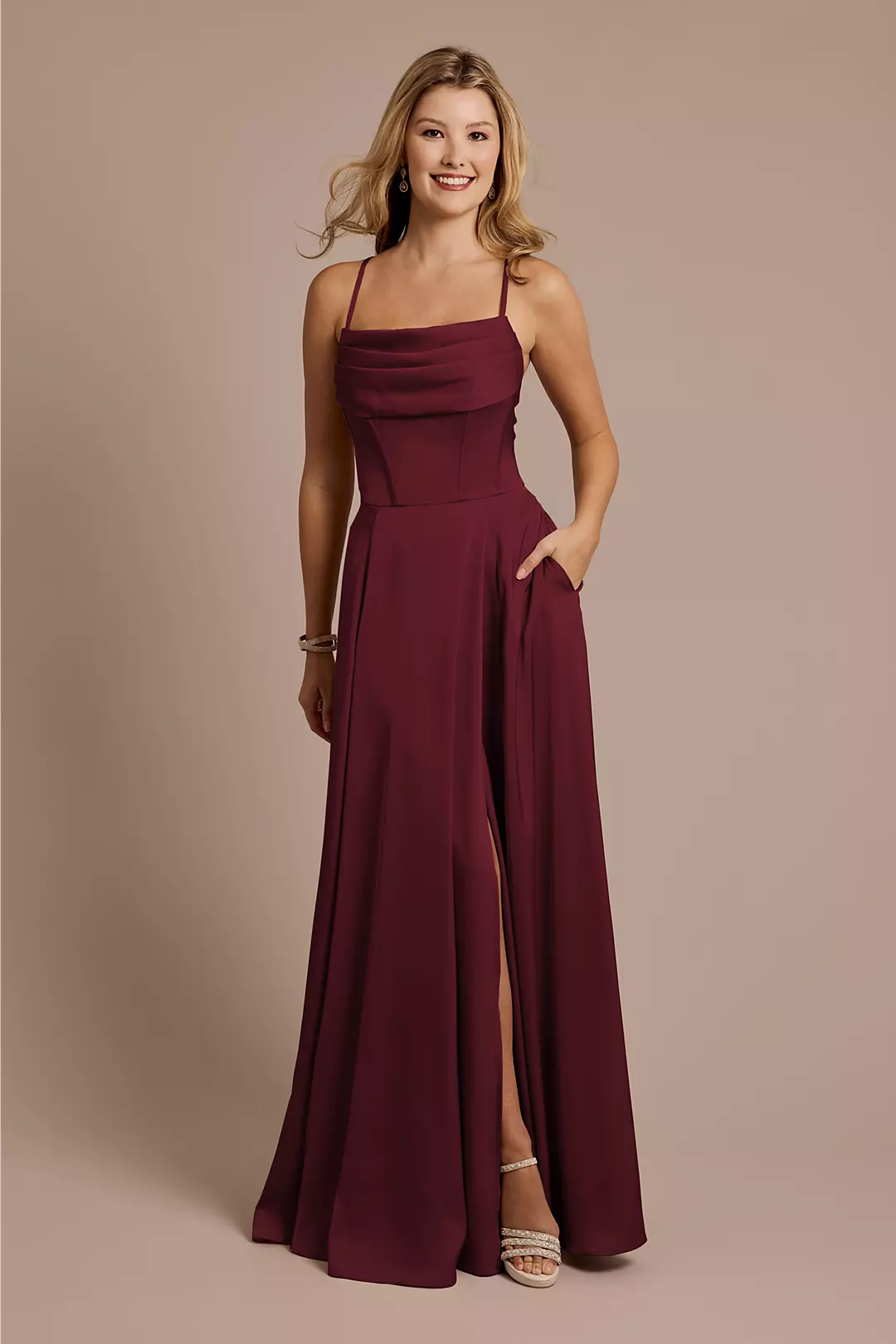 Matte Satin Cowl Neck Spaghetti Strap A-Line Dresses - XNAUWBI