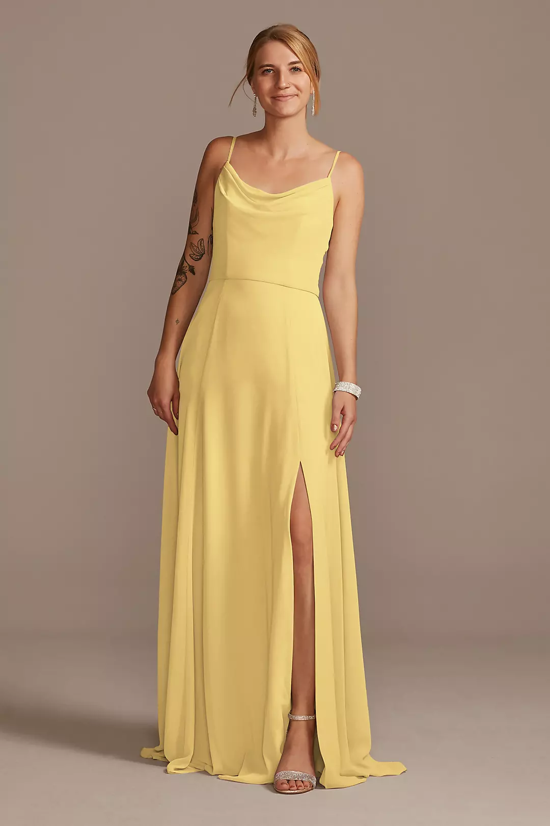 Cowl Neck Chiffon Dress with Slit Dress - XNAUWBI