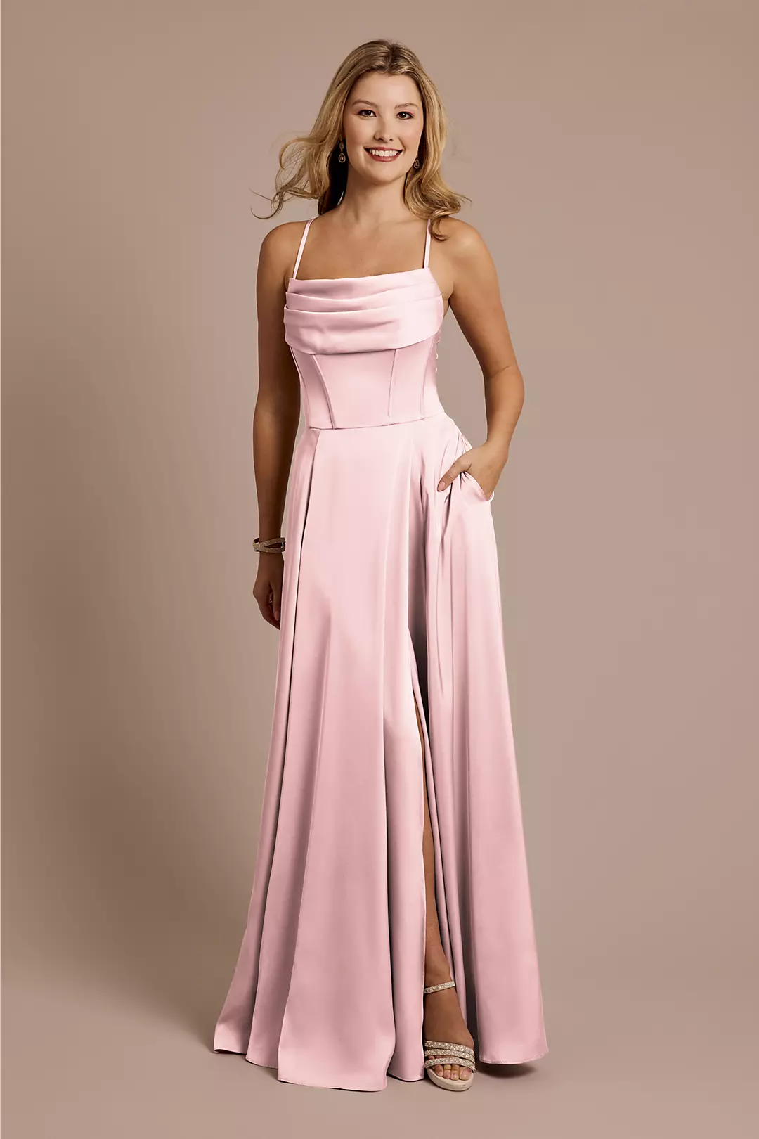 Matte Satin Cowl Neck Spaghetti Strap A-Line Dresses - XNAUWBI
