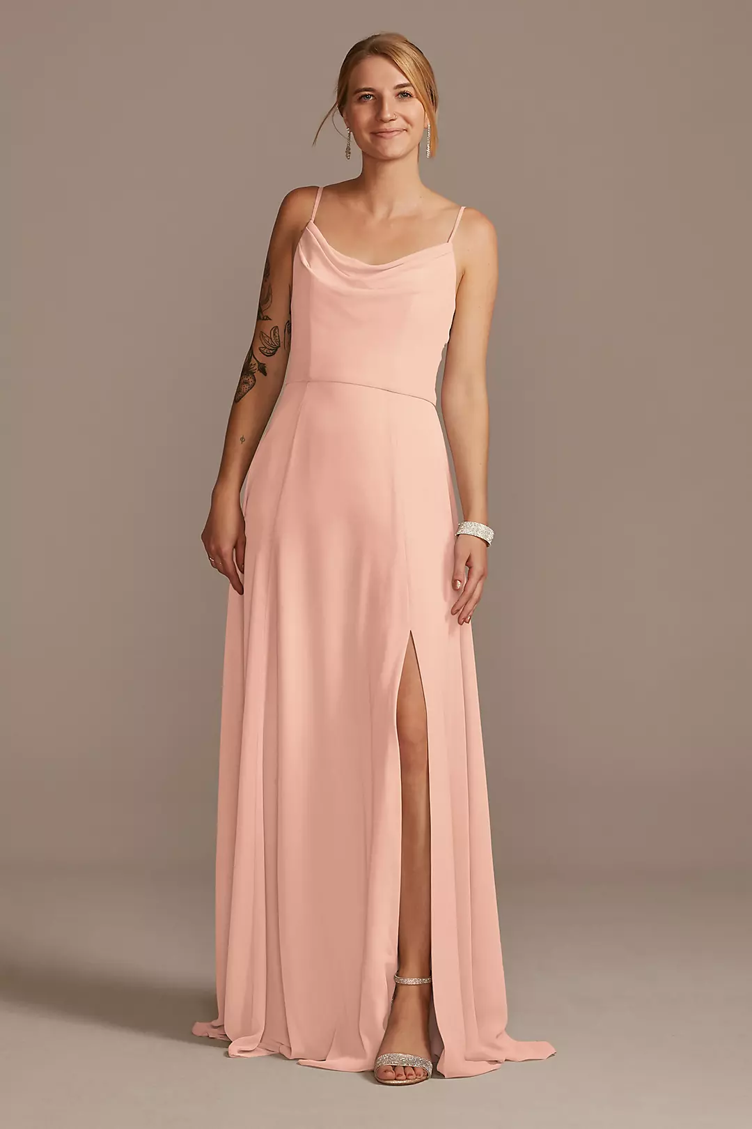 Cowl Neck Chiffon Dress with Slit Dress - XNAUWBI