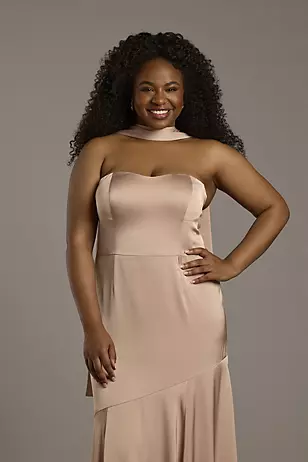 Matte Satin Strapless Sweetheart Dress with Scarf Dress - XNAUWBI