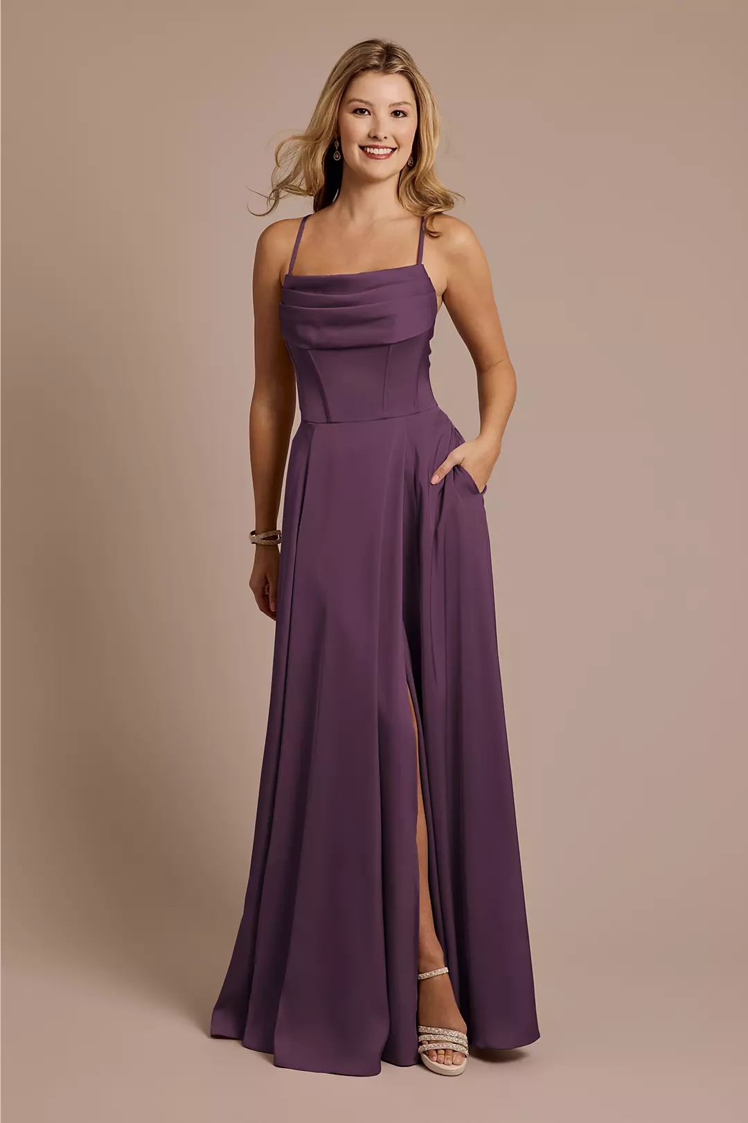 Matte Satin Cowl Neck Spaghetti Strap A-Line Dresses - XNAUWBI