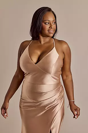 Sculpting Shiny Satin V-Neck Cross-Back Dresses - XNAUWBI