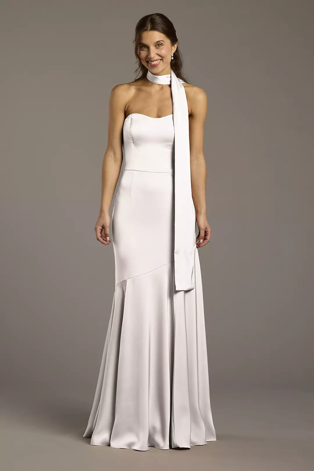 Matte Satin Strapless Sweetheart Dress with Scarf Dress - XNAUWBI