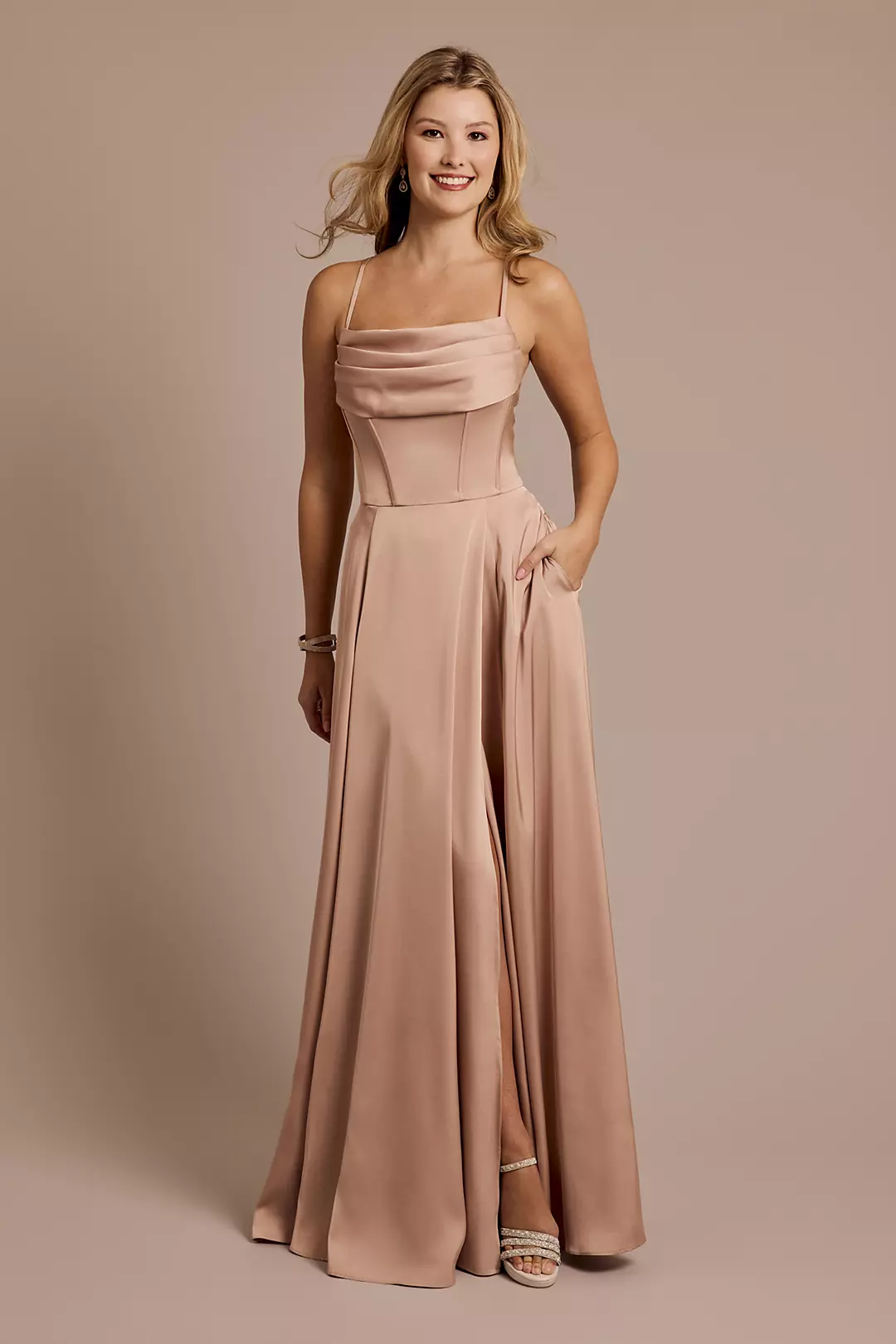Matte Satin Cowl Neck Spaghetti Strap A-Line Dresses - XNAUWBI