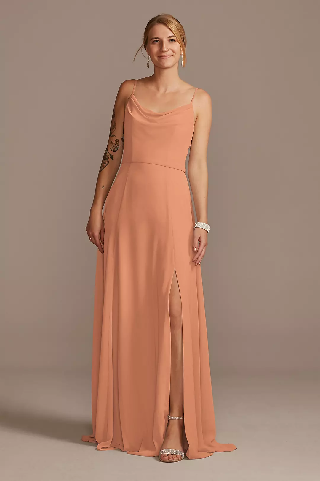 Cowl Neck Chiffon Dress with Slit Dress - XNAUWBI