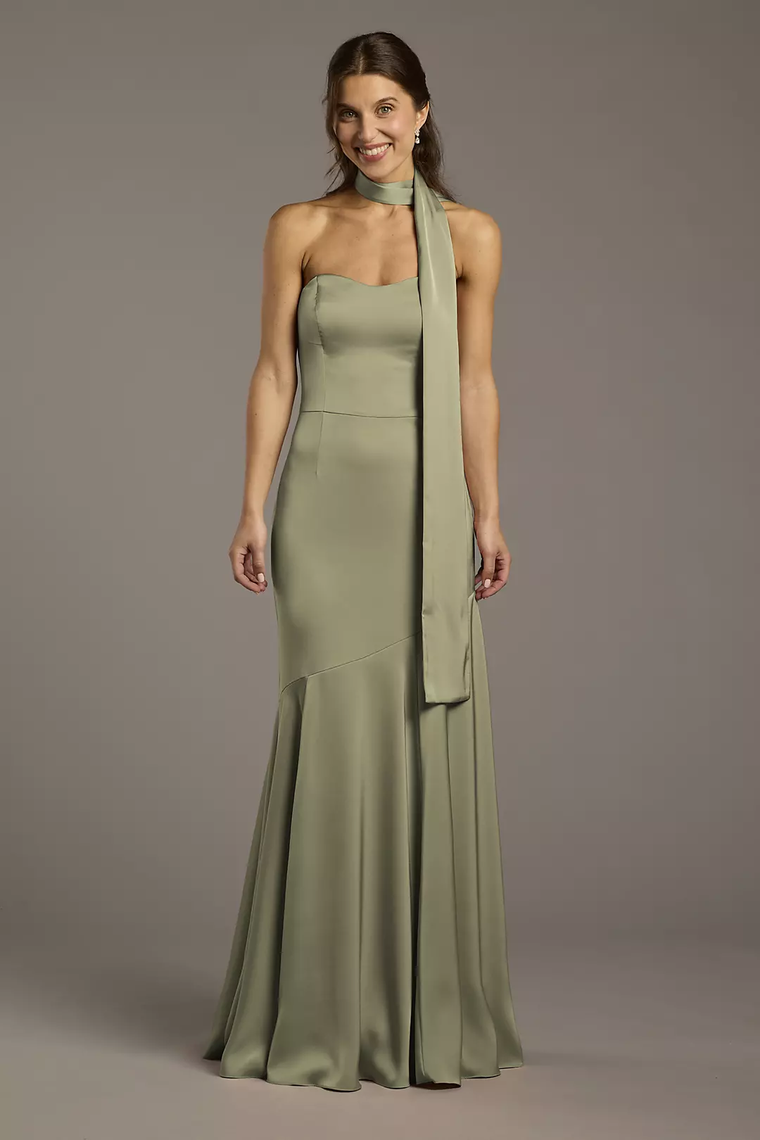 Matte Satin Strapless Sweetheart Dress with Scarf Dress - XNAUWBI