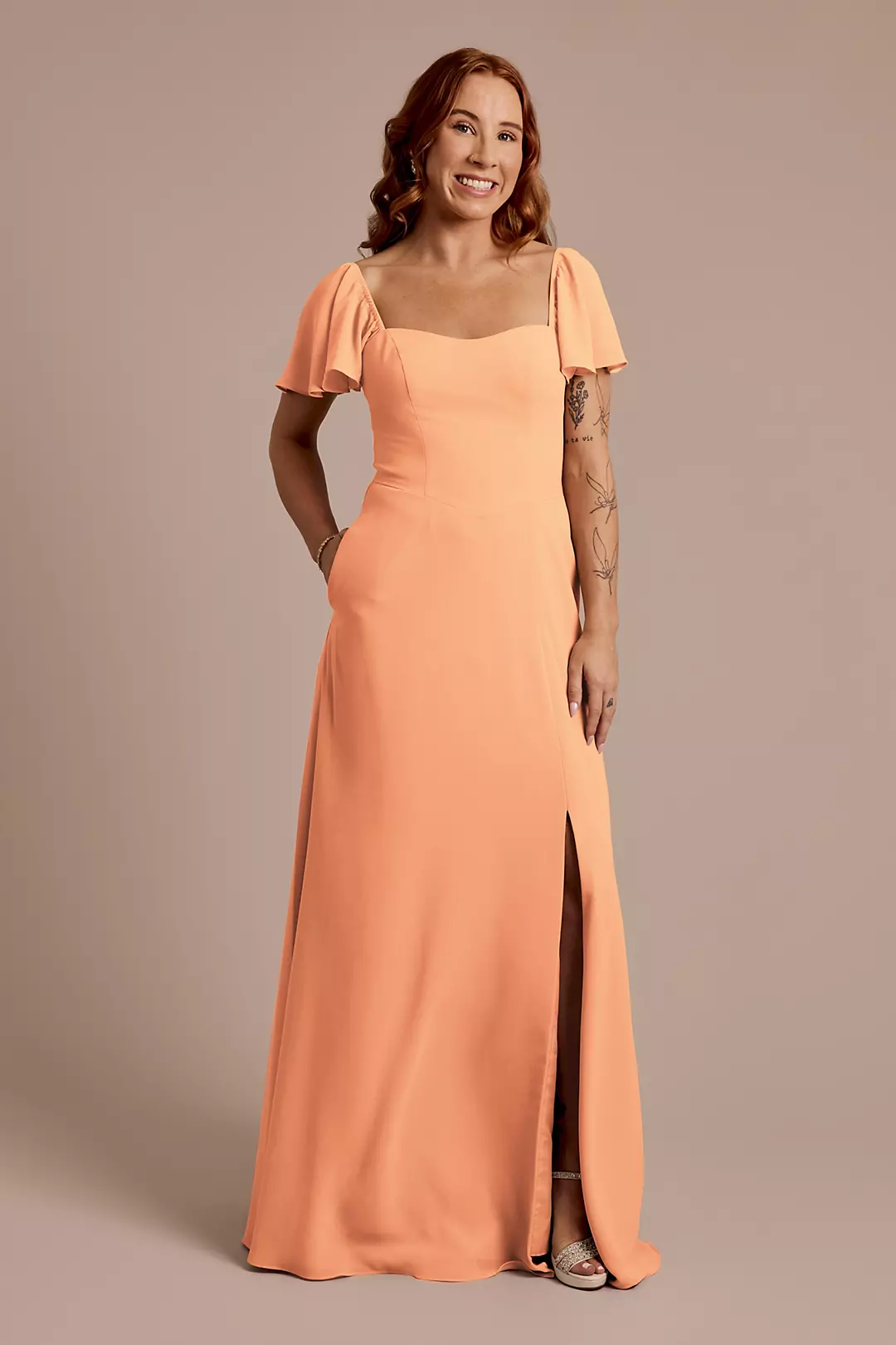 Chiffon Flutter Sleeve Dress with Basque Waist Dress - XNAUWBI