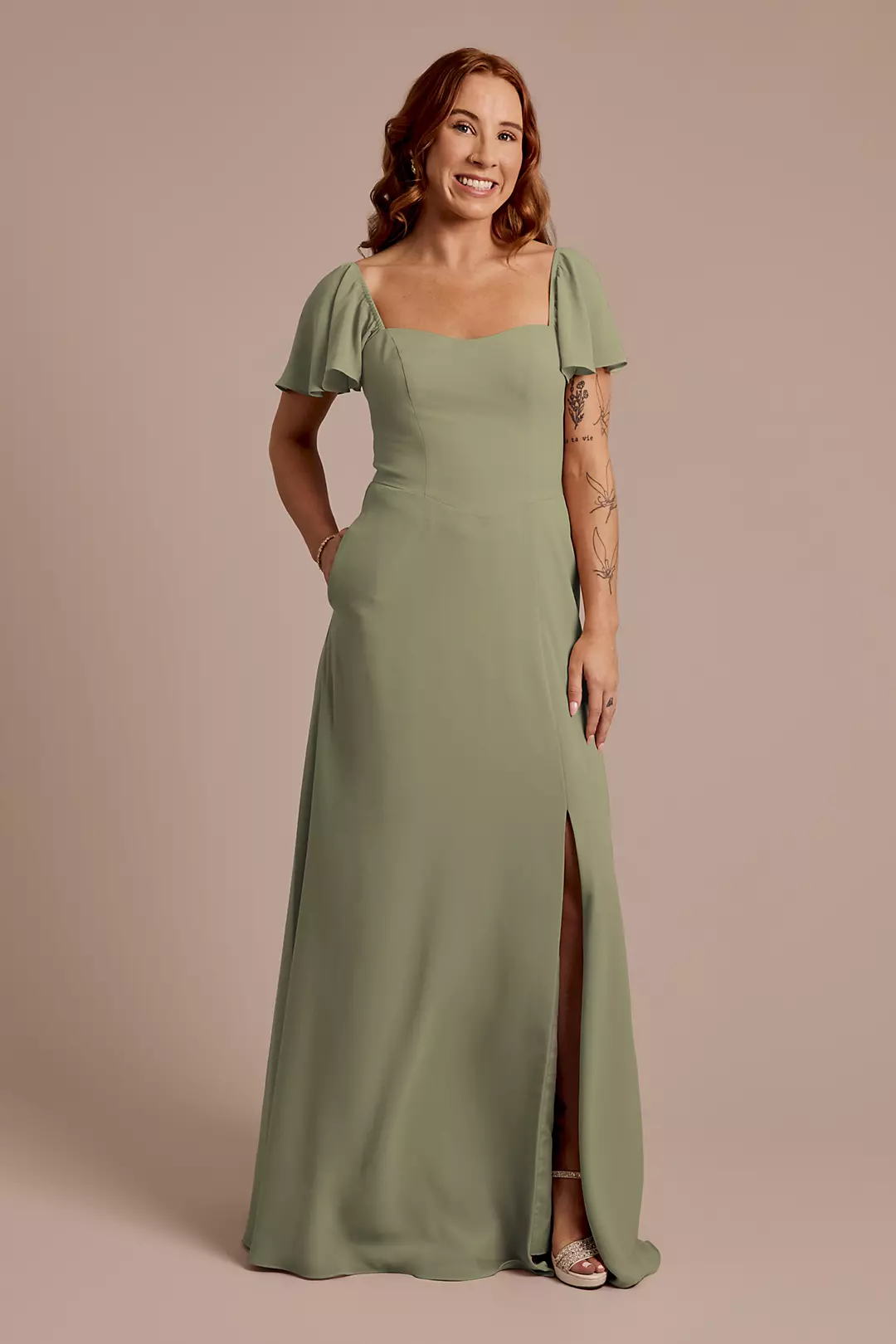 Chiffon Flutter Sleeve Dress with Basque Waist Dress - XNAUWBI