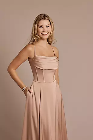 Matte Satin Cowl Neck Spaghetti Strap A-Line Dresses - XNAUWBI