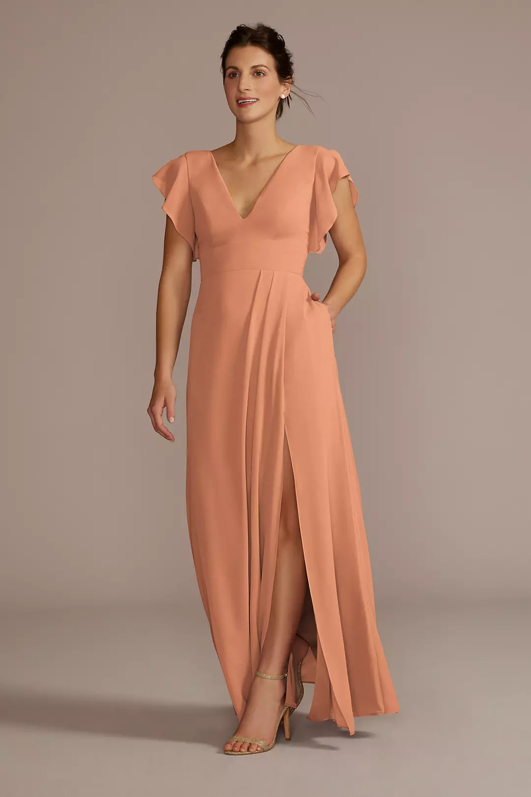 Flutter Sleeve Chiffon V-Neck Dresses - XNAUWBI
