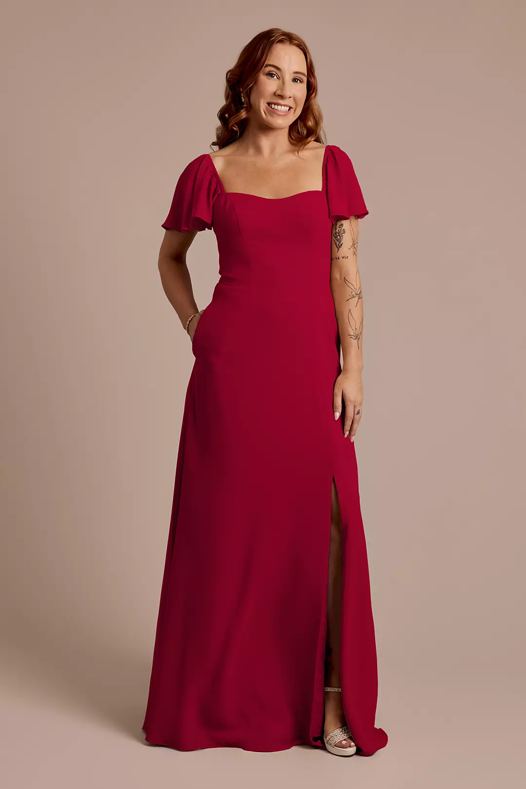 Chiffon Flutter Sleeve Dress with Basque Waist Dress - XNAUWBI