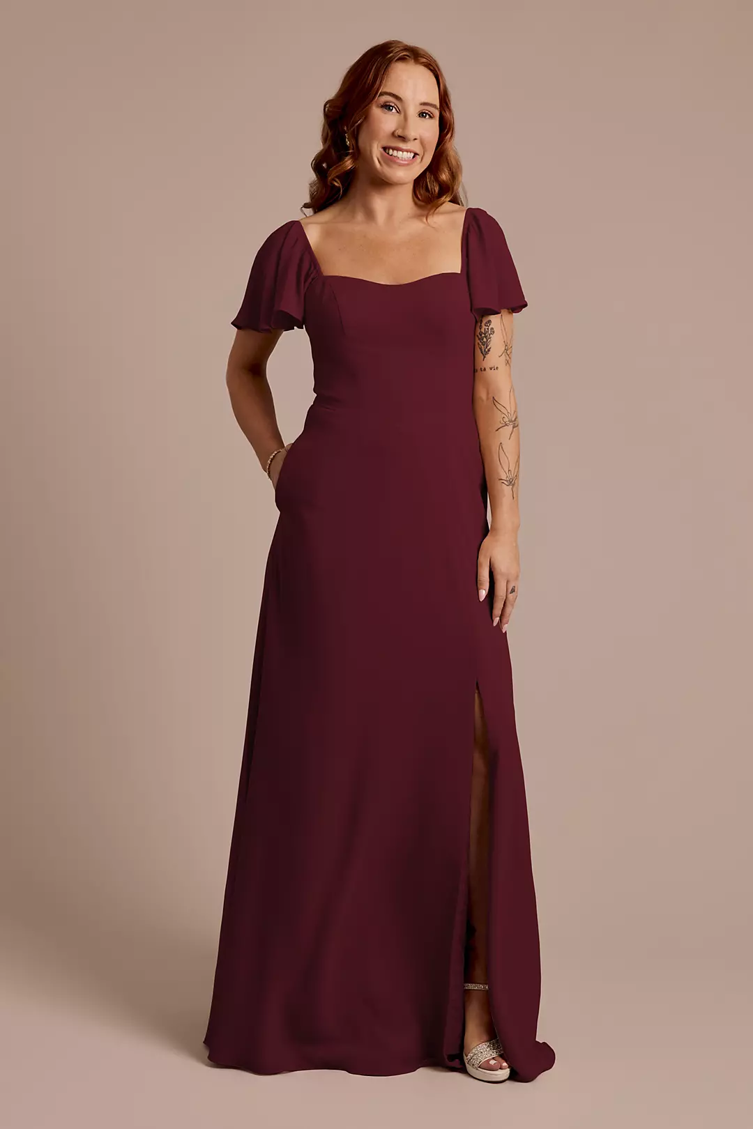 Chiffon Flutter Sleeve Dress with Basque Waist Dress - XNAUWBI