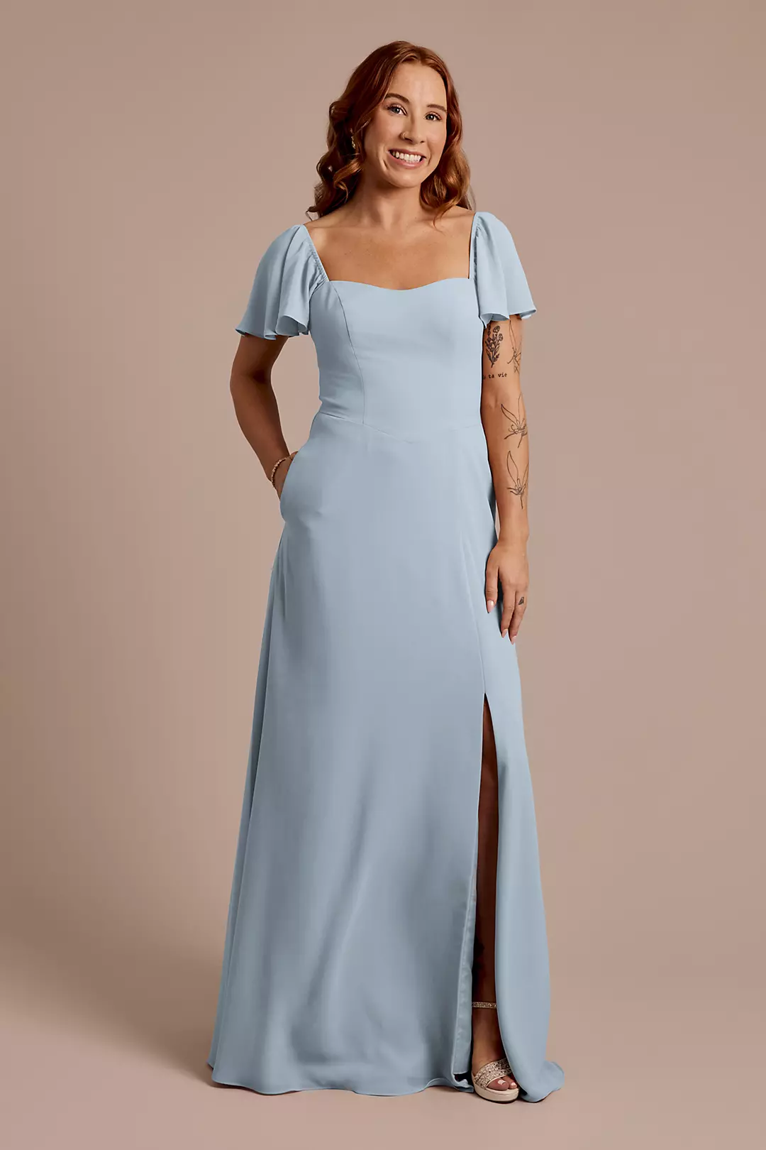 Chiffon Flutter Sleeve Dress with Basque Waist Dress - XNAUWBI