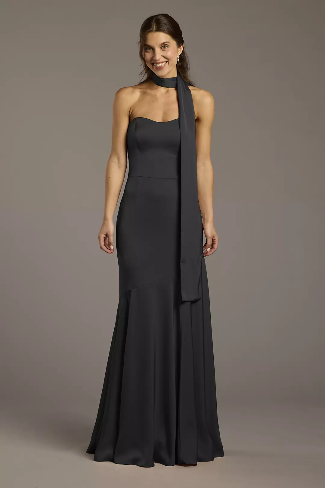 Matte Satin Strapless Sweetheart Dress with Scarf Dress - XNAUWBI