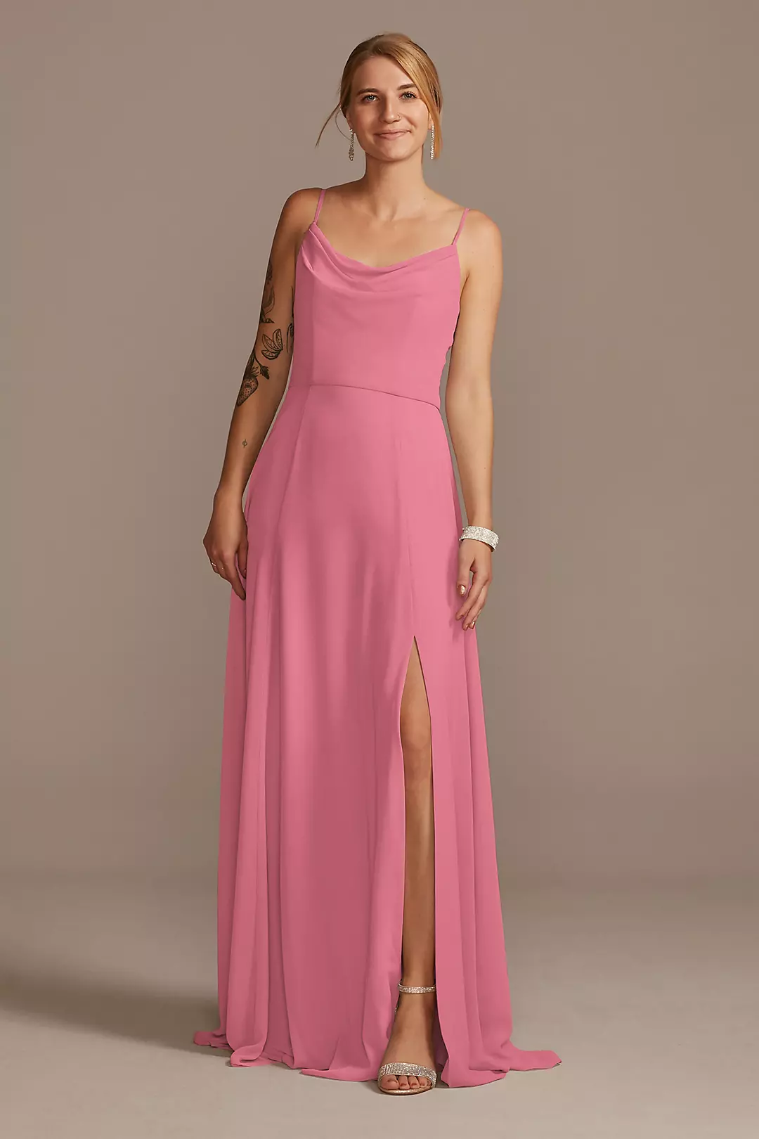 Cowl Neck Chiffon Dress with Slit Dress - XNAUWBI