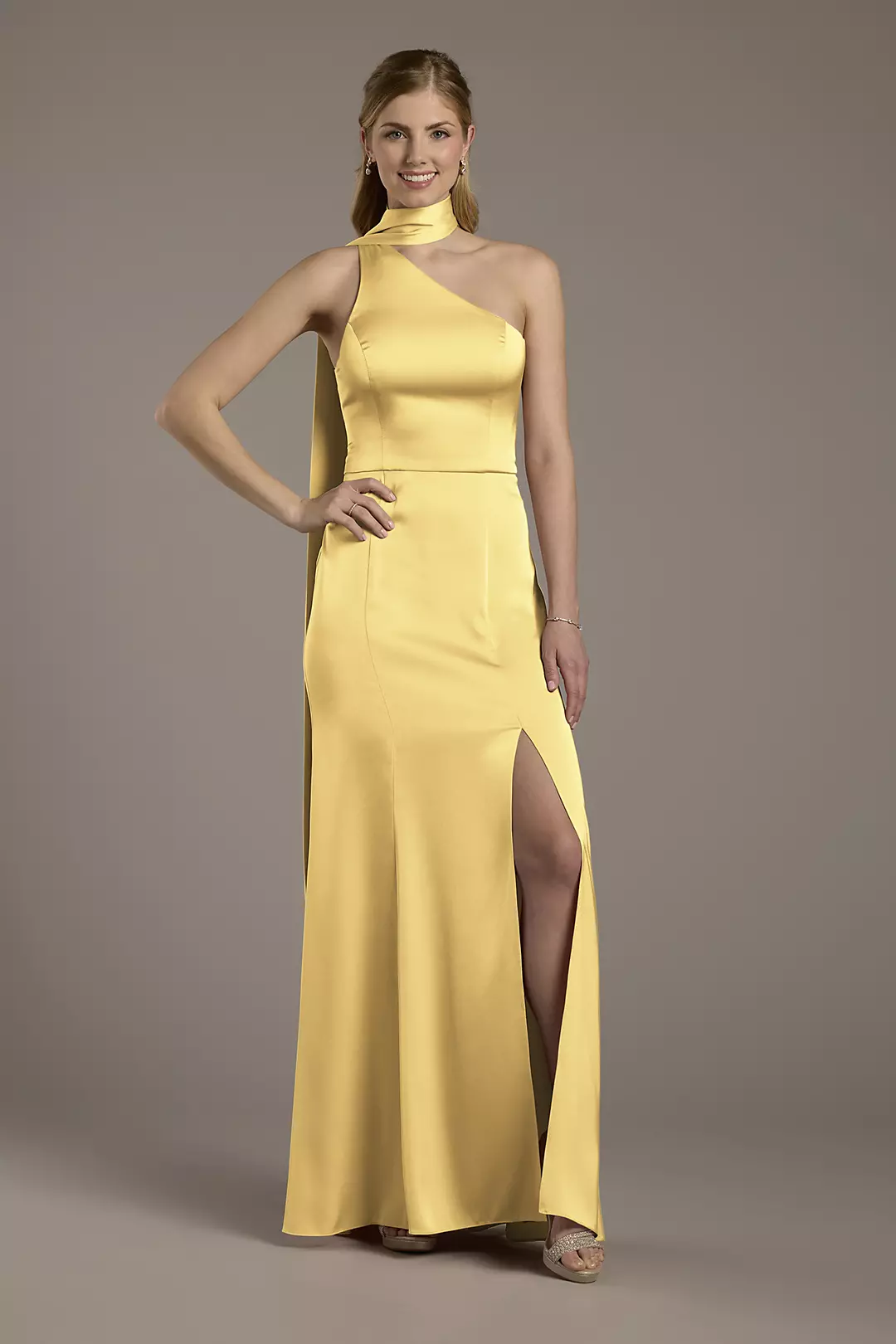 Matte Satin One-Shoulder A-Line Dress with Scarf Dress - XNAUWBI