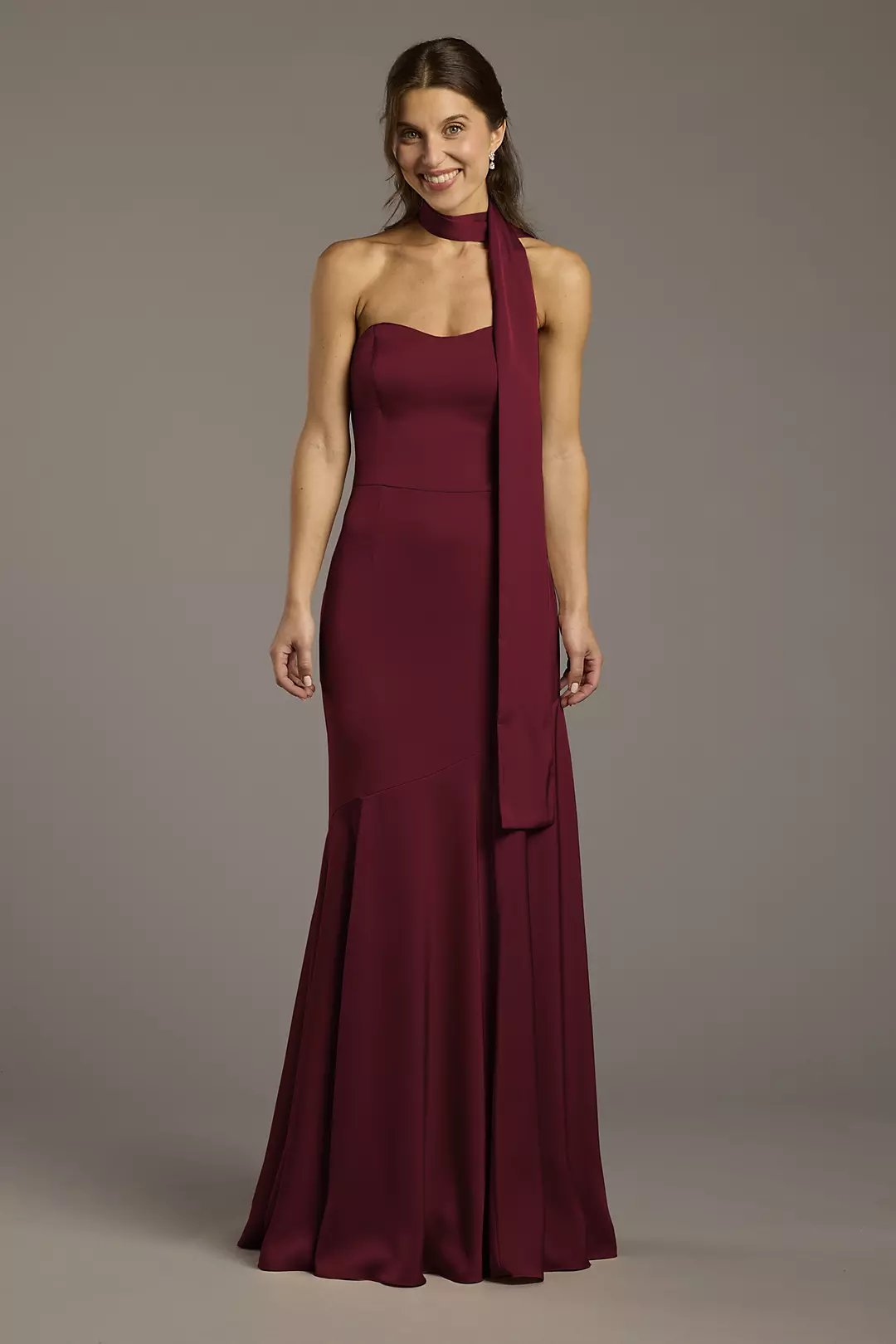 Matte Satin Strapless Sweetheart Dress with Scarf Dress - XNAUWBI