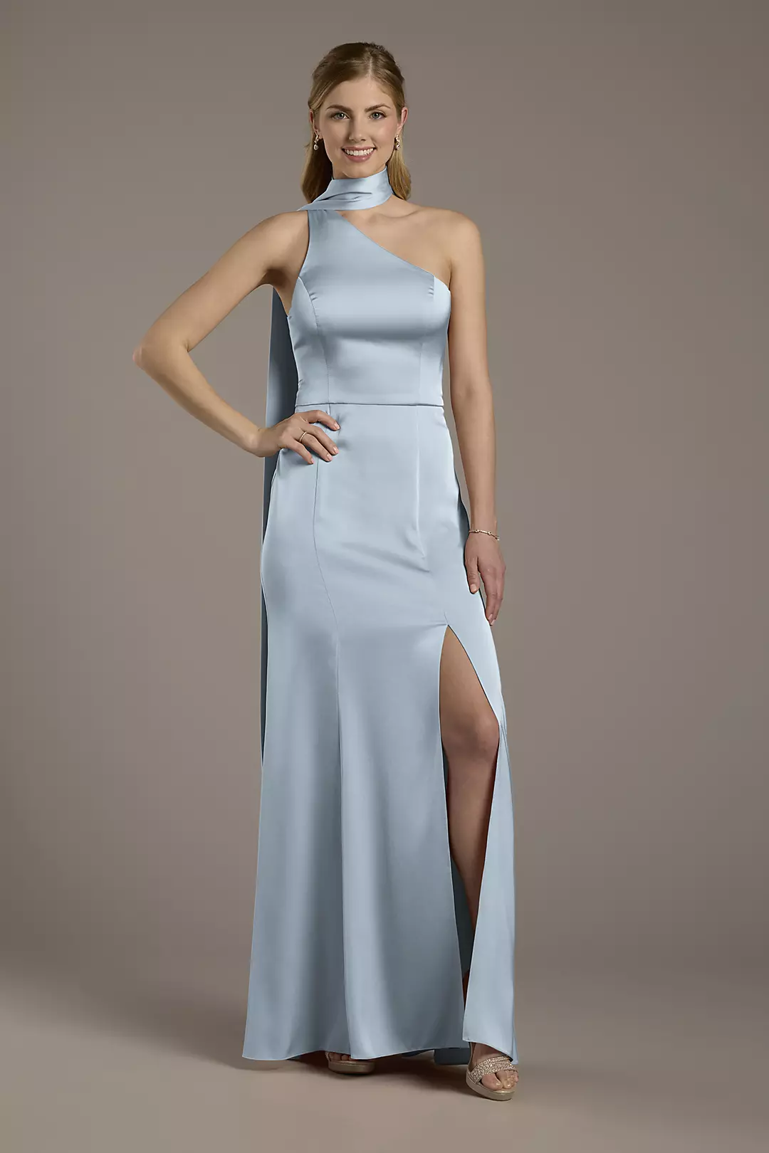 Matte Satin One-Shoulder A-Line Dress with Scarf Dress - XNAUWBI
