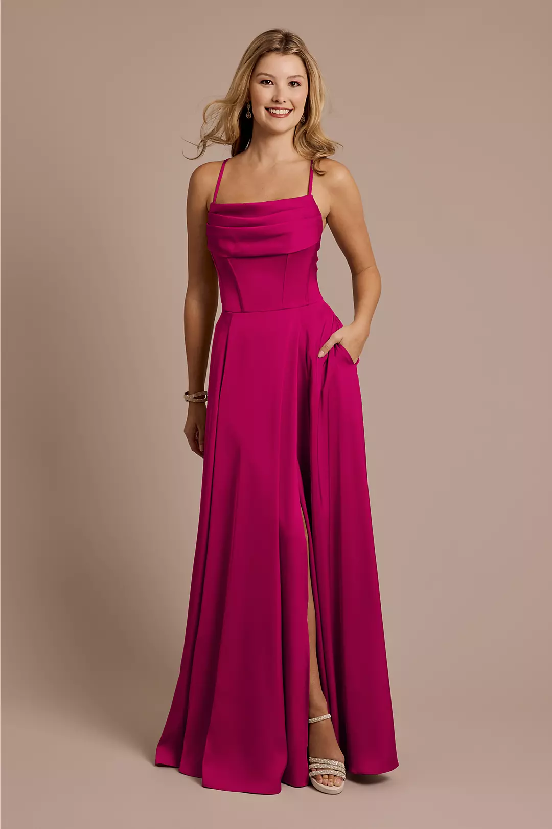 Matte Satin Cowl Neck Spaghetti Strap A-Line Dresses - XNAUWBI